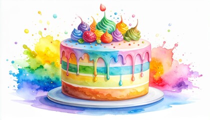 Chaos Cake Watercolor Style concept. Colorful watercolor cake with vibrant icing and sprinkles.