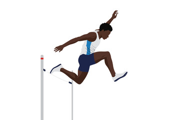 Athlete Leaping Over Hurdle with Dynamic Arm Extension and Focused Expression.