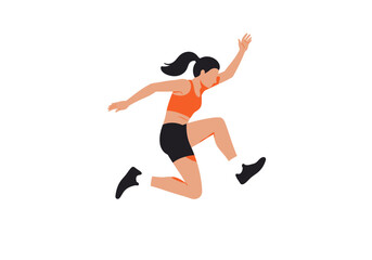 Athletic Woman MidJump Orange Top Black Shorts Ponytail Dynamic Pose.