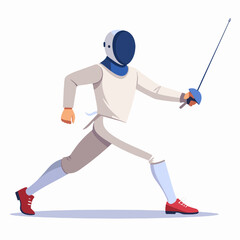 Fototapeta premium Fencing Athlete in White Uniform with Sword and Mask Red Shoes in Action Stance on Isolated Background