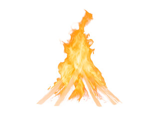 Bright campfire flames burning with firewood, isolated on a white background
