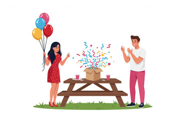 A cheerful gender reveal party graphic showcasing a couple celebrating with balloons, confetti, and a gift box on a picnic table, perfect for announcements.
