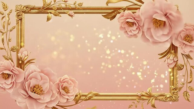 Elegant gold frame adorned with pink flowers and soft sparkle background.