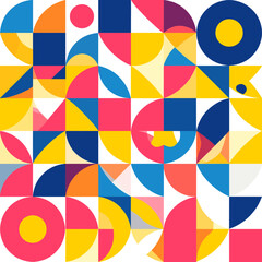 Obraz premium Geometric Abstract Pattern with Circles Triangles Segments on White Background in Bold Colors