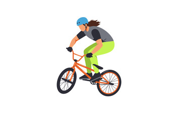 Fototapeta premium BMX Rider in Action Orange Bike Blue Helmet Green Pants Black Gloves.