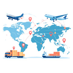 Global Logistics Network Featuring Airplanes Trucks and Ships on a World Map with Route Connections and Destination Pointers