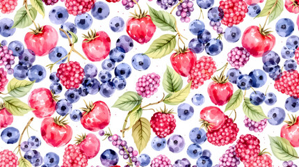 Watercolor Berry seamless pattern. Cherry, strawberry, blueberry. Vector illustration 
