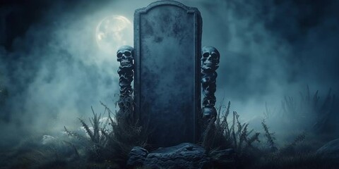Customizable Halloween title background - A blank gravestone stands in a foggy, moonlit cemetery, surrounded by eerie skulls and full moon - animation, zoom, rolling fog and mist, creepy 3d - Powered by Adobe