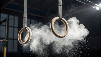 Wooden Gymnastic Rings Hanging in a Dark Gym, Chalk Dust in Air