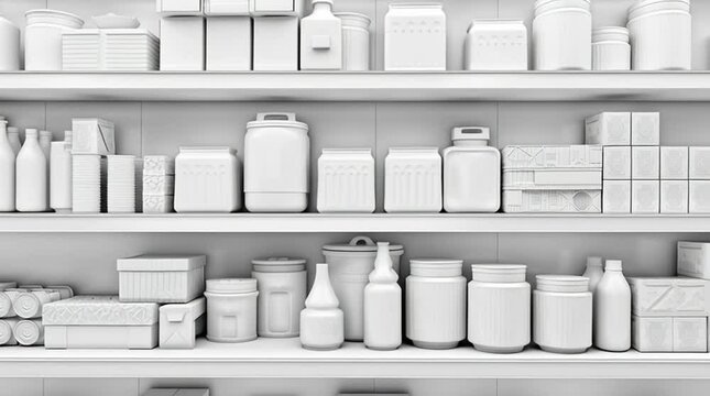 Infinite white retail shelf animation featuring a range of products including boxes, cans, bottles, cleaners, cosmetics consumer products. Generic tonal store shelf merchandise, dolly, 3d motion