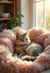 cozy corner senior cat soft blankets warmth comfort snuggle space tranquil home environment, furniture, pillow, zone, texture, nook, interior, pets, serenity