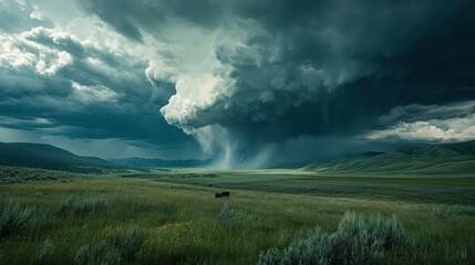 A captivating portrayal of atmospheric tension as a powerful storm unleashes heavy rainfall across a verdant valley, the dynamic interplay of light and shadow creating a compelling natural drama