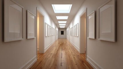 Obraz premium A beautiful, long hallway in a modern home, with skylights, hardwood floors, and gallery walls with empty frames for mockups. 
