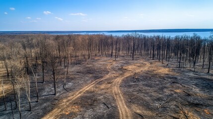 Aerial View of Burned Forest Near Lake