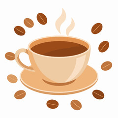 Obraz premium Illustration of a Beige Coffee Cup with Steaming Brew Surrounded by Coffee Beans on a White Background