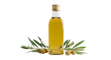 Olive Oil Bottle Rests with Olives and Leaves on Transparent Background, Realistic Style