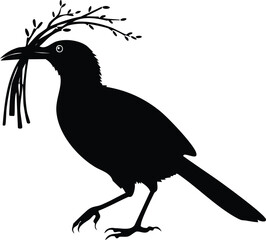 Elegant Birds Silhouette Vector EPS Bowerbird Nest Building Illustration -  A Stunning Vector Silhouette of a Bowerbird Carrying Twigs for its Nest