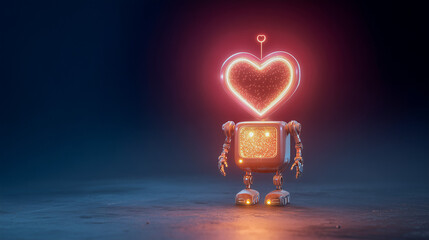 A cute, glowing robot with a neon heart symbol above its head, representing artificial intelligence with emotions, machine learning, and the playful future of robotics