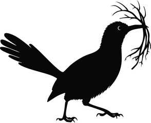 Elegant Birds Silhouette Vector EPS Bowerbird Nest Building Illustration -  High-Quality Vector Graphic of a Silhouette Bird Carrying Twigs