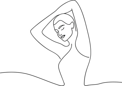 Continuous one line drawing of a female face and shoulders in a relaxed pose, a sophisticated symbol for skincare, cosmetics, and wellness brands.