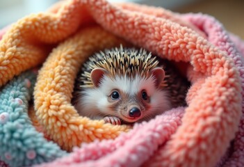 cute hedgehog curled snuggly soft colorful blanket texture cozy warmth cuddle, sleeping, comfort, pillow, fabric, pattern, nature, home, interior, relaxation
