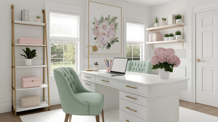 A charming bedroom interior in Bangkok, bathed in natural sunlight, light green sofa adorned with cushions, white shelves with plants ,working table.