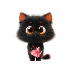 Adorable Black Kitten Holding Heart-Shaped Gift Box - 3D Render