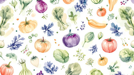 Watercolor Vegetable Pattern With Pumpkins, Tomatoes, Eggplants, and Fresh Greens for Kitchen Decor

