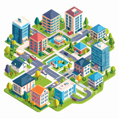 Isometric Cityscape Featuring Buildings and Streets with a Birds Eye View in Flat Design