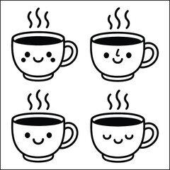 Four cartoon coffee cups with steaming coffee and cute facial expressions in a square arrangement