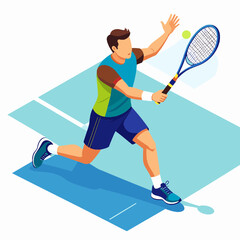 Isometric Illustration of a Tennis Player in Blue and Green Outfit Swinging Racket on a Light Blue Court Surface Under Bright Lighting