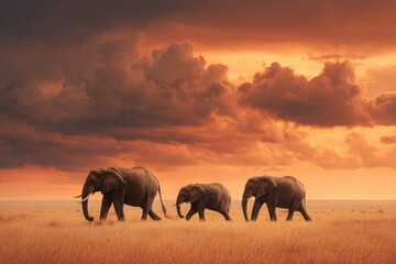 Fototapeta premium A family of elephants walking peacefully across a golden savannah at sunset, with dramatic clouds