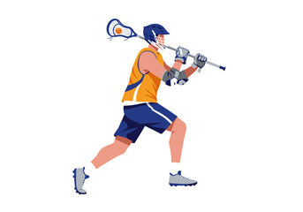 Lacrosse Player in Action with Stick Helmet Gloves and Pads in Motion.