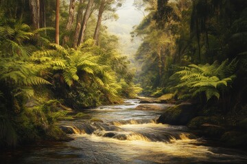 Fototapeta premium Discover the serene beauty of Tasmania's rainforest landscape with flowing river, Tasmania rainforest wild nature landscape River flow through jungle environment