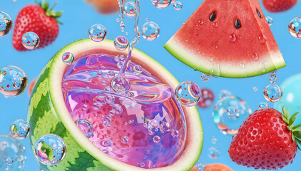 Fresh Summer Fruit Combination with Watermelon and Strawberries on Pink Background