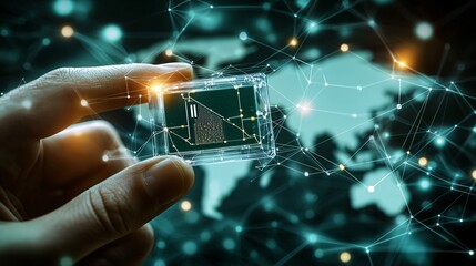 holding a transparent smart SIM card over a digital map with glowing data connections, representing global seamless communication and international connectivity. smart sim, transparent sim card, 