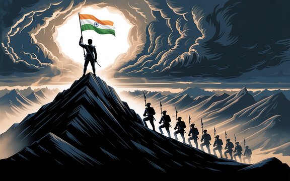 Indian soldier proudly raising the national flag on the peak with fellow soldiers in the background, symbolizing strength and sacrifice