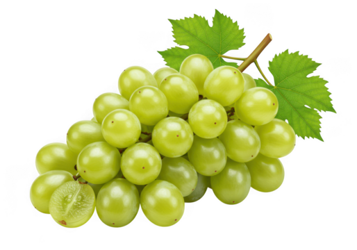 Fresh green grapes with leaves isolated on transparent background