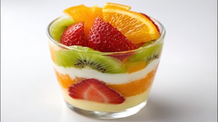 Colorful layered fruit dessert in a glass cup with strawberries, kiwi, and orange slices