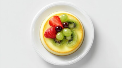 A vibrant fruit tart featuring strawberries, kiwi, grapes, and cherries on a white plate