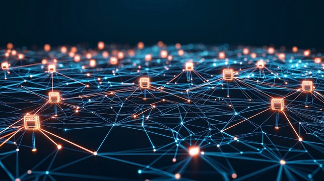 of interconnected SIM cards represented as glowing nodes in a dark digital grid, symbolizing decentralized communication infrastructure of the future. sim network, digital grid, communication 