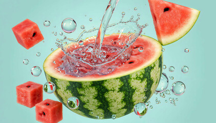 Splashing Water from Watermelon Bowl with Fruit Cubes