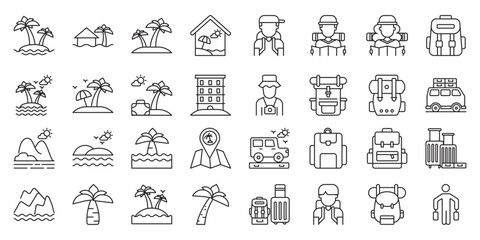 Backpacking Trips to Tropical Islands set of web icons in line style. backpacking trip, tropical islands, island backpacking and solo travel.  Vector illustration.