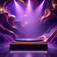 A purple stage with spotlights and abstract background for product display and presentation space design