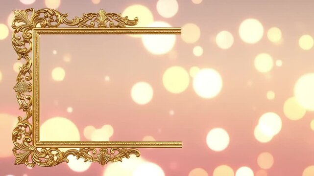 Elegant gold ornate frame on pink background with sparkles.