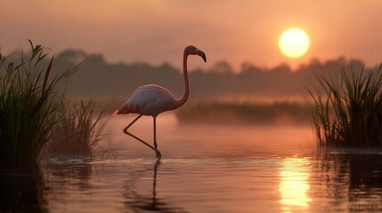 Obraz premium Pink flamingo standing in shallow water with tall grass and sunrise mist
