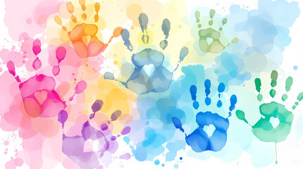 Children seamless pattern colored of hand print. Colorful kid handprint background. Children's handprints vector illustration of a prints of palms. Template kids hands, watercolor, baby palms.	