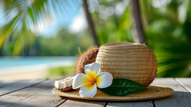 Tropical still life with straw hat coconut and flower for summer vacation and travel concept