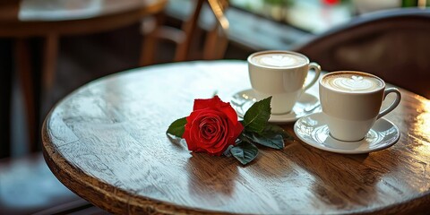 A romantic first date at a coffee shop table with a red rose and two lattes