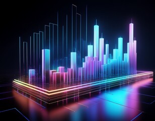 holographic financial chart with 3d rendered bars on black background